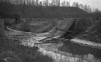 Don River (West Don River), looking southwest, showing remains of bridge over river, west of Don Mills Road