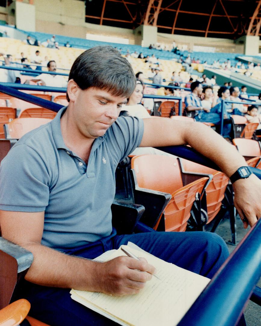 Another day at the park is another day at work for Chris Bourjas, a scout for the Blues Jays