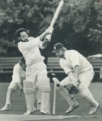 Bails fly high in the air as Canada's Garnett Brisbane is clean bowled to end his innings against Denmark's national cricket team in 2-day match which(...)