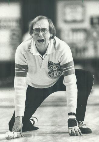 The pain of winning. Northern Ontario's Al Harnden shouts to help his final shot against Quebec yesterday in the Canadian men's curling championship i(...)