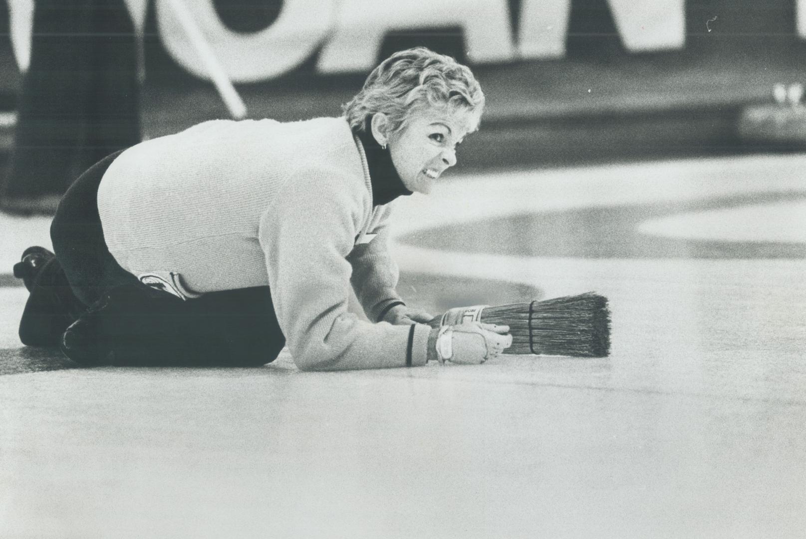 Nini Mutch of the Humber Highland Curling Club watcher her shot slide down the ice yesterday during finals of North American Life bonspiel at High Par(...)