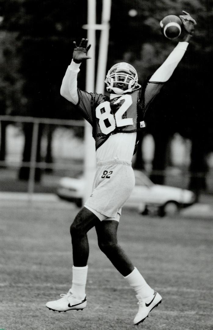 Showing flair: David Williams, the new Toronto Argos receiver acquired from the Edmonton Eskimos, displays his prowess at his first practice yesterday