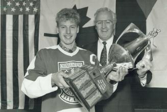 Future planning: Chinguacousy Blues captain Adam Lee is hoping CAHA president Murray Costello (right) will present him with Esso Challenge Cup