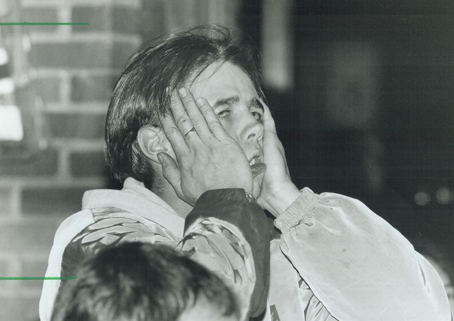 Oh no!: Gretzky's bar patron Chris Carter's face says it all after the Vancouver Canucks eliminated the Maple Leafs from the NHL playoffs last night