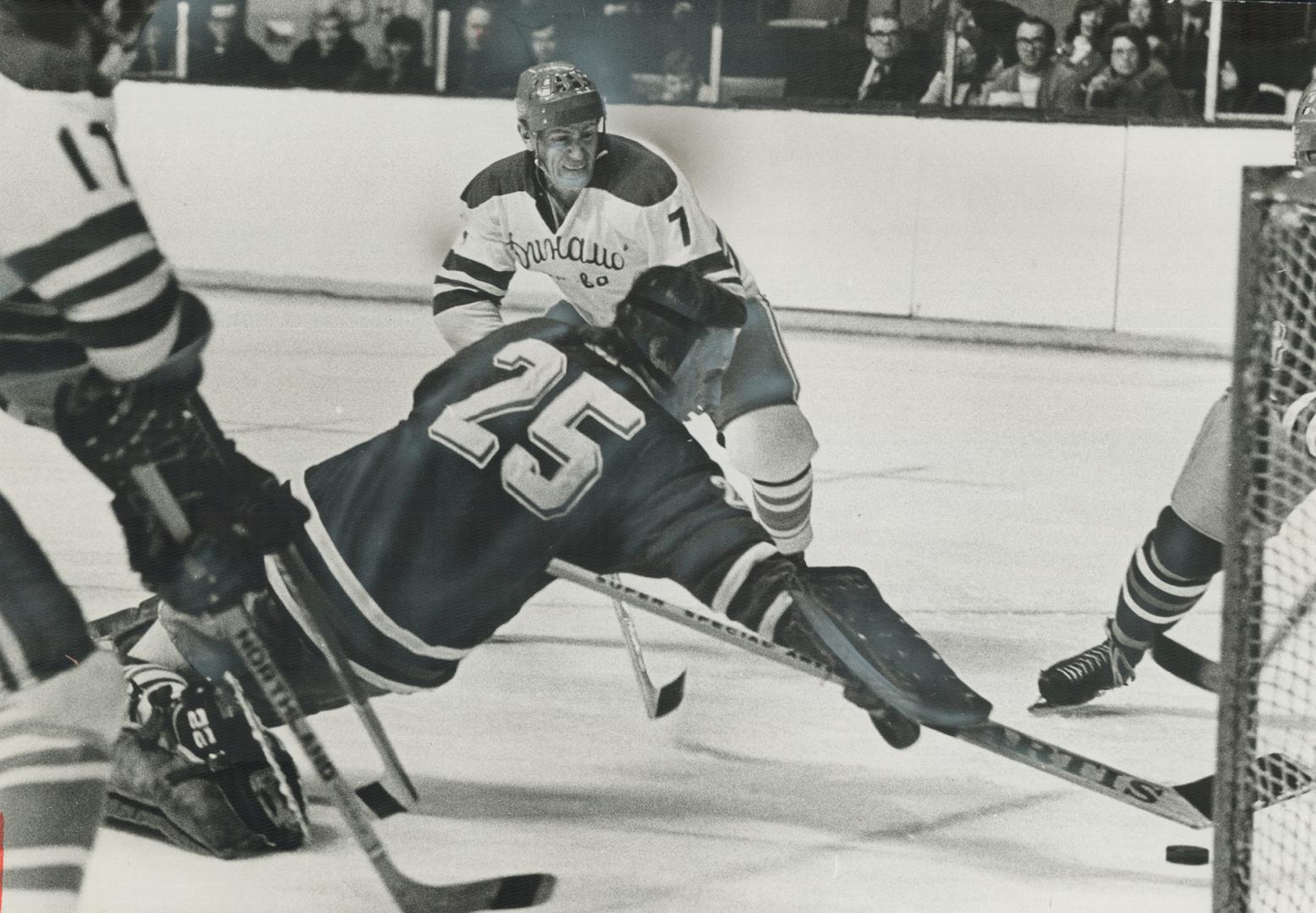 Not a goal: J. Crah, goalie for the Czech team, lunges to stop the puck before it crosses the line. Waiting for the rebound are two Moscow Dynamo players: Mike Solodukin (11) and Antoli Sevidov (7)