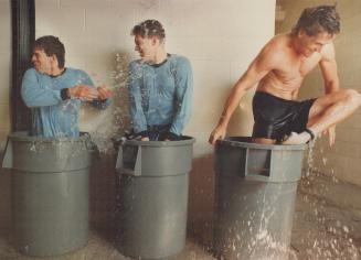 These three Leafs (from left to right, Russ Courtnall, trevor Jobe and Derek West) had just finished a sweaty, gruelling workout at the team's trainin(...)