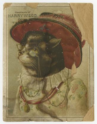 Whimsical illustration of a cat wearing a flowered dress with a lacey collar, a pink ribbon wit…