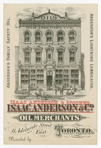 Illustration of the exterior of the Isaac Anderson & Company building. On the street in front i…