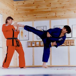 Sent spinning: Karate sensei (instructor) Wally Slocki deflects a spinning wheel kick from Citytv anchorman Gord Martineau