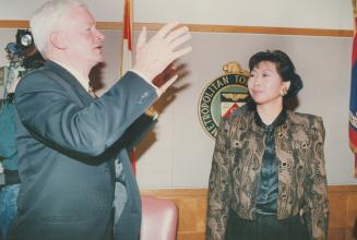 Police manoeuvres: Chief William McCormack makes a point with police board chair Susan Eng yesterday