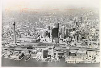 Image shows an aerial view of the Toronto Harbourfront.