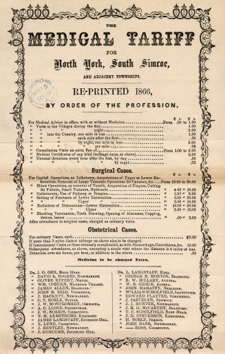 The Medical tariff for North York, South Simcoe, and adjacent townships, re-printed 1866, by order of the profession