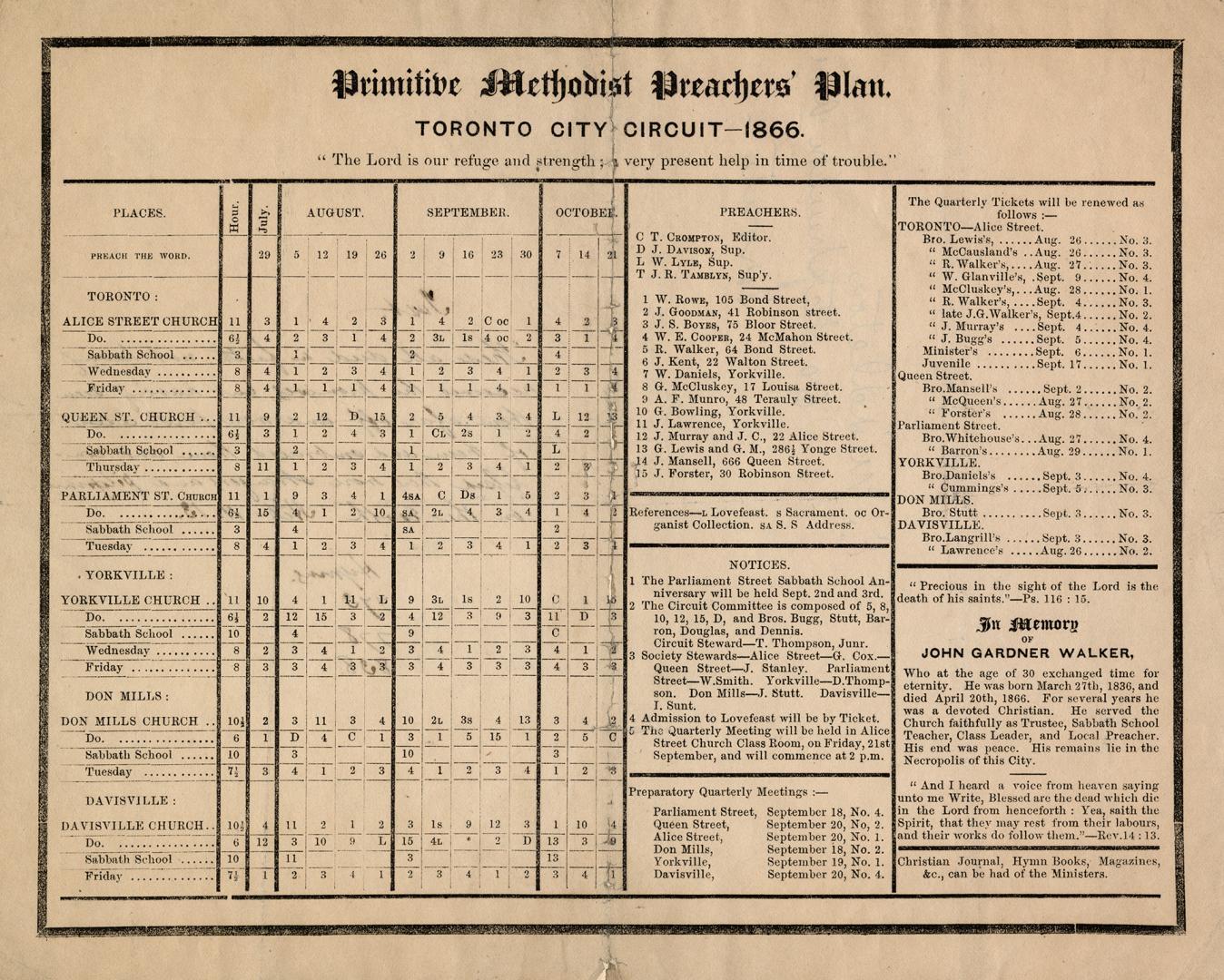 Primitive Methodist preachers' plan : Toronto city circuit, 1866