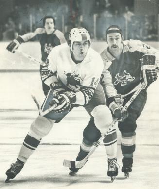 A time of change, Former Czechoslovakian national hockey star Vaclav Nedomansky (14), shown above being checked by Jim Niekamp of Phoenix, admits he h(...)