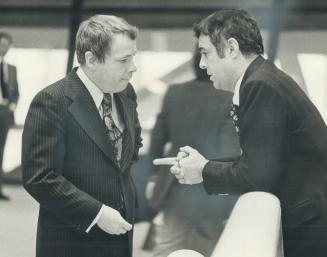 Campaign manager fired. Alderman David Crombie (left) and Anthony O'Donohue confer yesterday in a room off City Council chamber after O'Donohue's camp(...)