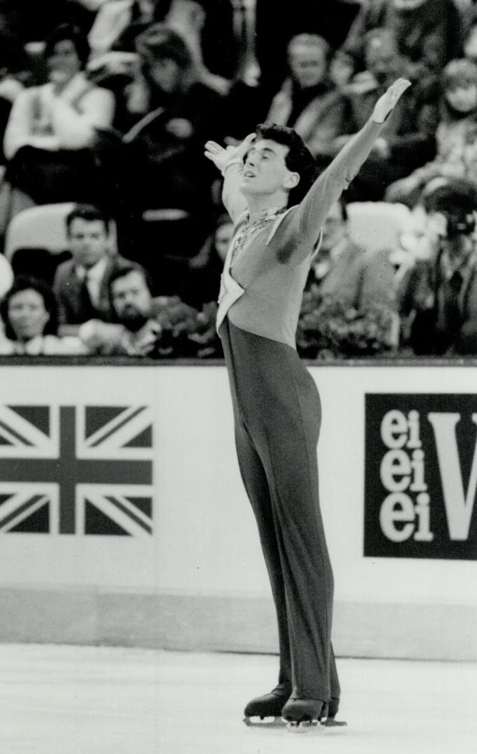 Moment of triumph, Canada's Brian Orser, king of the world of figure skating, shows his joy after winning his gold medal. Actually the medal got mislaid and had to be delivered to his hotel room