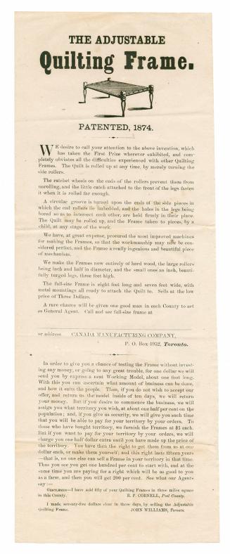 The Adjustable quilting frame : patented, 1874