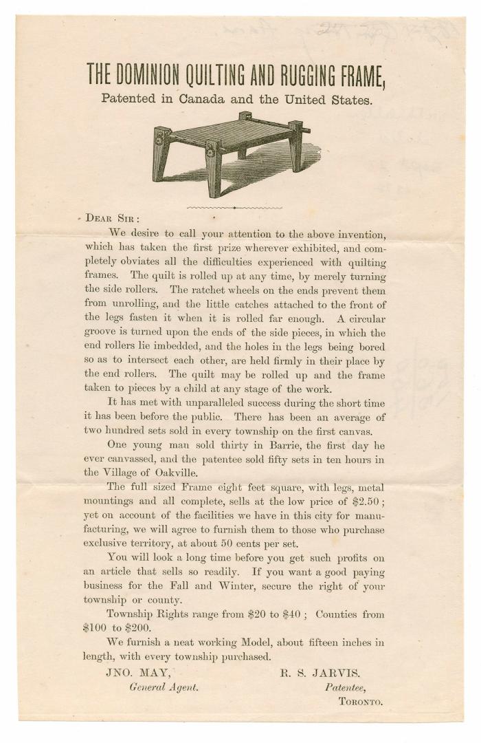 The Dominion quilting and rugging frame, patented in Canada and the United States