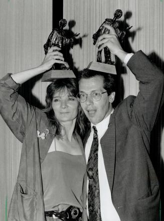 A-Dora-Ble, Nancy Beatty and Stephen Ouimette clown with the Doras they won last night as outstanding female and male performer in 7 Stories