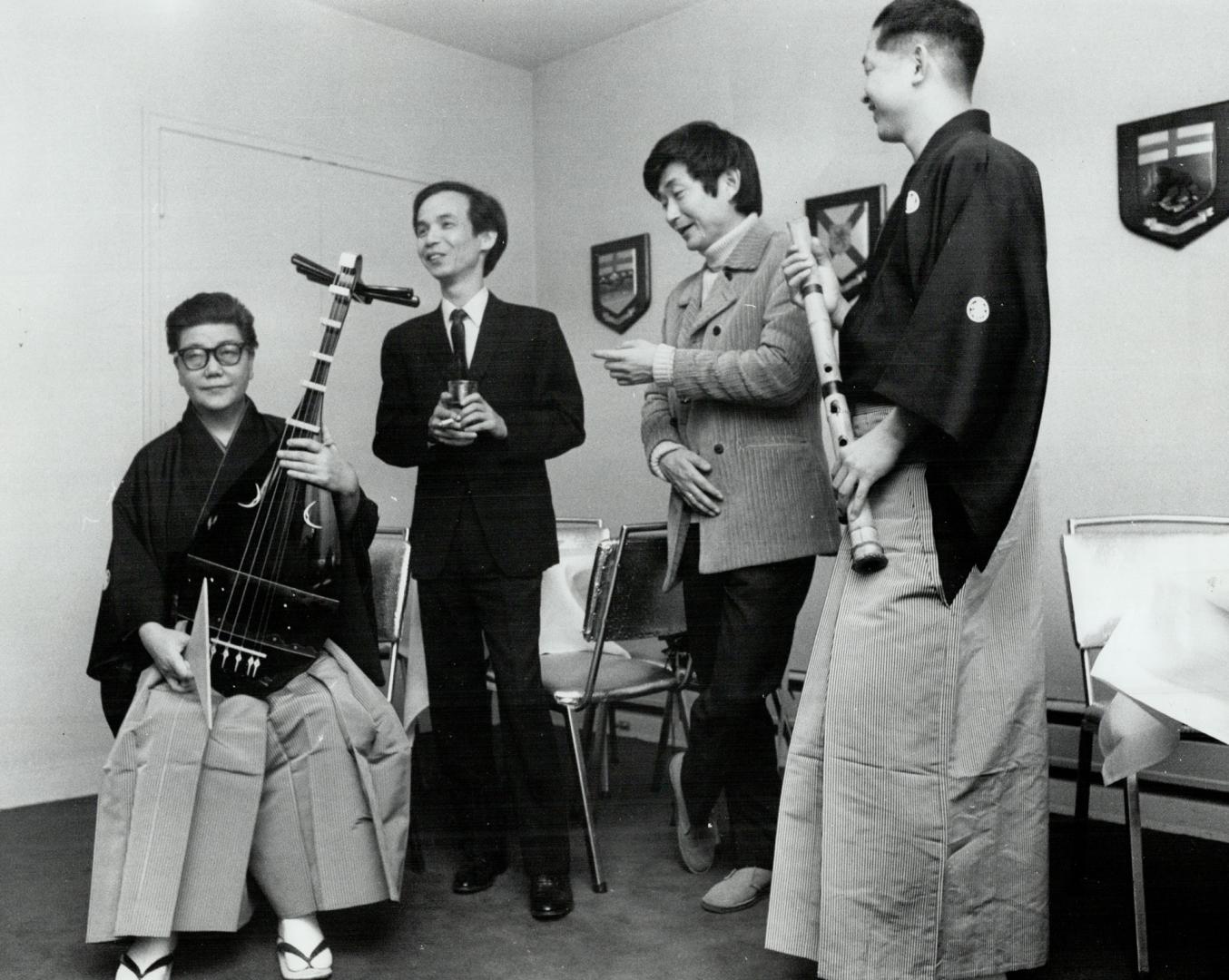 L to R - Kinshi Tsuruto, Biwa, Torv Takkemitsu, composer, Seiji Ozawa, Conductor, Katsuya Yokoyama, Shakuhachi