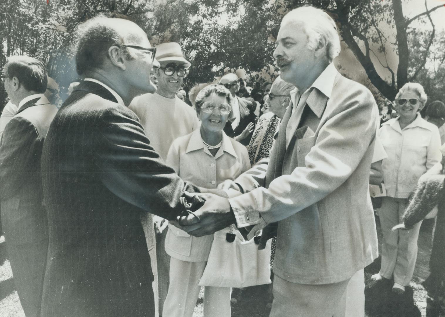 Old Schoolfriend, Jack Grainger (right) of Metro, congratulates Tom Patterson, founder of Stratford Festival, after ceremony yesterday honoring Patter(...)