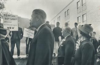 At opening of York university's Glendon College earlier, pearson and wife were greeted by pickets