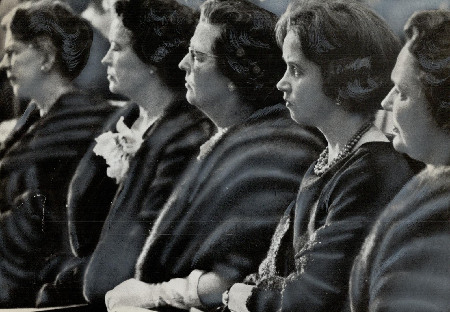 P.M.'S family, friends hear his convocation hall address. Mrs. A. Moore, Mrs. Pearson, Mrs. R. Mills, daughter, Mrs. W. J. Hannah, Mrs. L. Massey