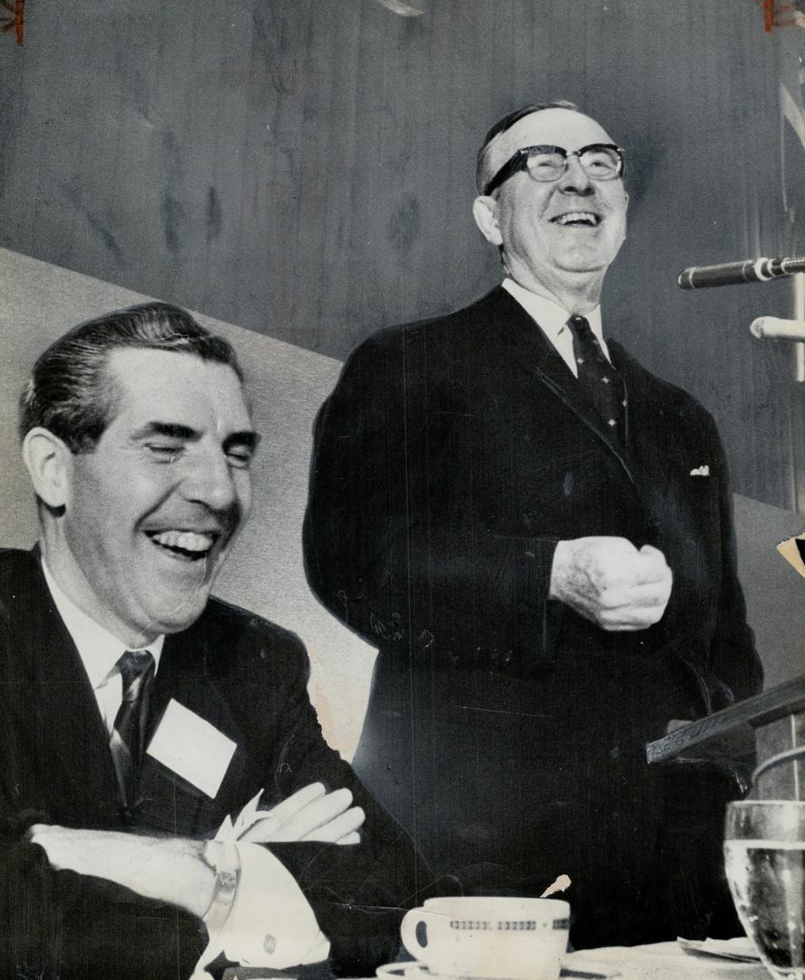 P.M.'s '$400 Million Speech'. Mayor Summerville and Prime Minister Pearson are in jovial mood at annual meeting of Canadian Federation of Mayors and M(...)