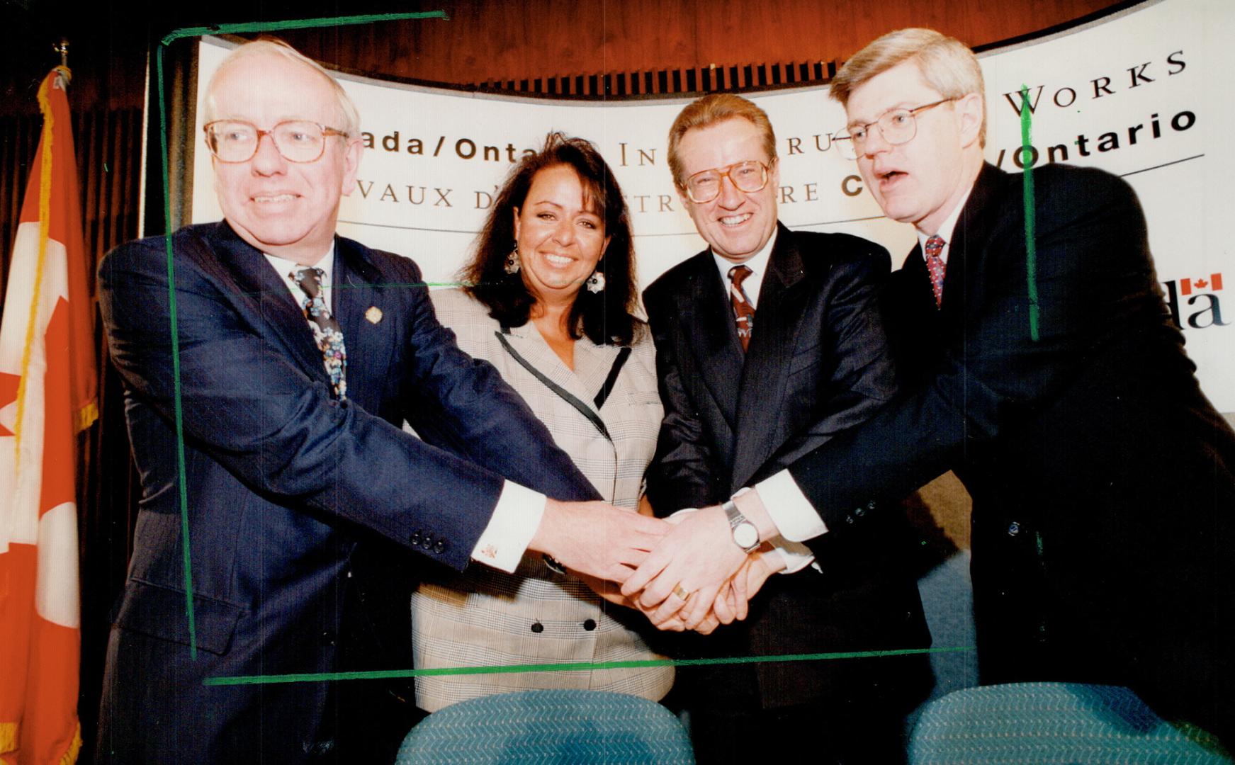 United front, Ontario Municipal Affairs Minister Ed Philip and Trade Minister Frances Lankin join Treasury Board President Art Eggleton and Industry Miniter John Manley to celebrate new jobs program