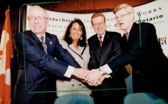 United front, Ontario Municipal Affairs Minister Ed Philip and Trade Minister Frances Lankin join Treasury Board President Art Eggleton and Industry Miniter John Manley to celebrate new jobs program