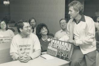 Next stop, L.A.: Jeopardy host Alex Trebek chats with (left to right) Chris McKillop (Toronto), Marish Zanini (Toronto), and Paul Silbert (Brampton), (...)