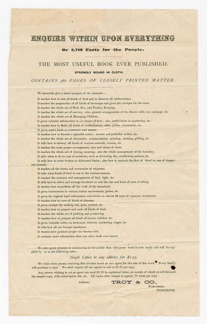 Enquire within upon everything or 3,700 facts for the people : the most useful book ever published, strongly bound in color, contains 380 pages of closely printed matter