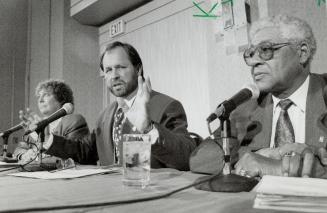 Labor unity: Ontario public-sector union leaders, from left, Liz Barkley, sid Ryan and Fred Upshaw, talk to reporters in North York yesterday