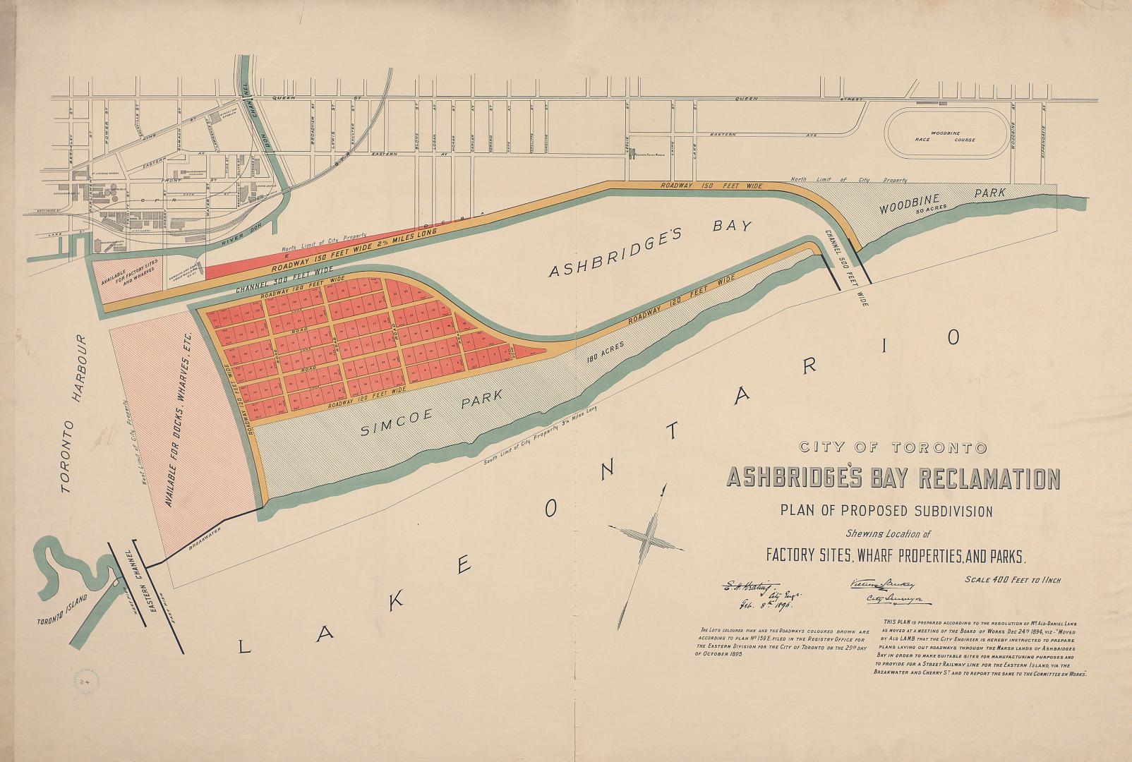 City of Toronto Ashbridge's Bay reclamation, plan of proposed subdivision shewing location of factory sites, wharf properties, and parks