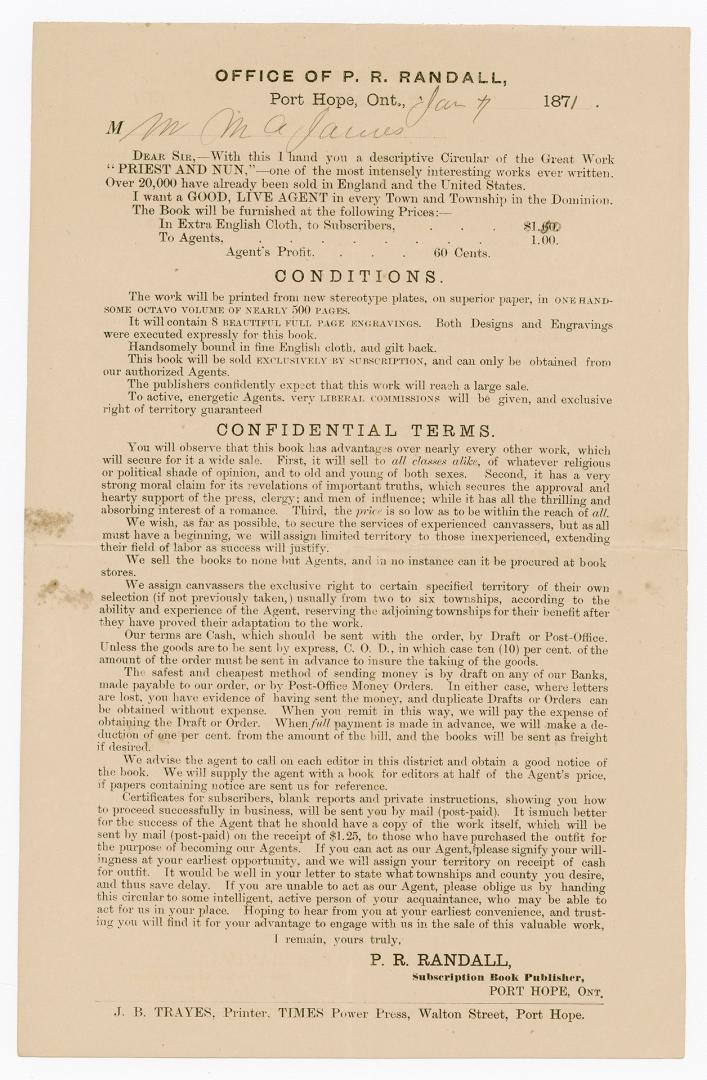 Office of P.R. Randall, Port Hope, Ont. : with this I hand you a descriptive circular of the great work ''Priest and nun''