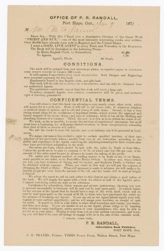 Office of P.R. Randall, Port Hope, Ont. : with this I hand you a descriptive circular of the great work ''Priest and nun''