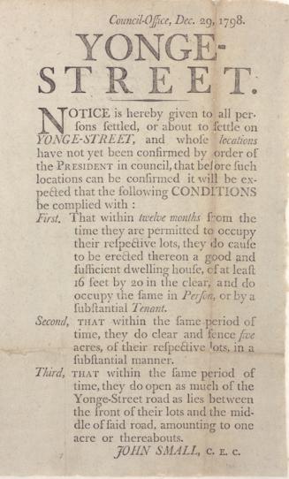 A broadsheet dated December 29, 1798, detailing conditions for persons settled or about to sett…