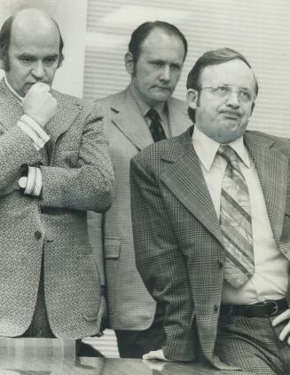 Education Minister Robert Welch (right) ponders a question about religion in Ontario schools posed by a delegation that included columnist Dalton Camp(...)