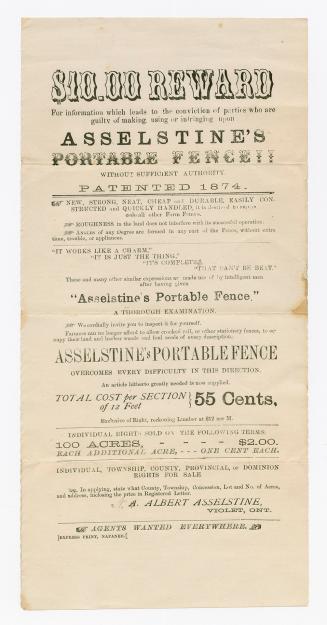 $10.00 reward for information which leads to the conviction of parties who are guilty of making, using or infringing upon Asselstine's Portable Fence!!