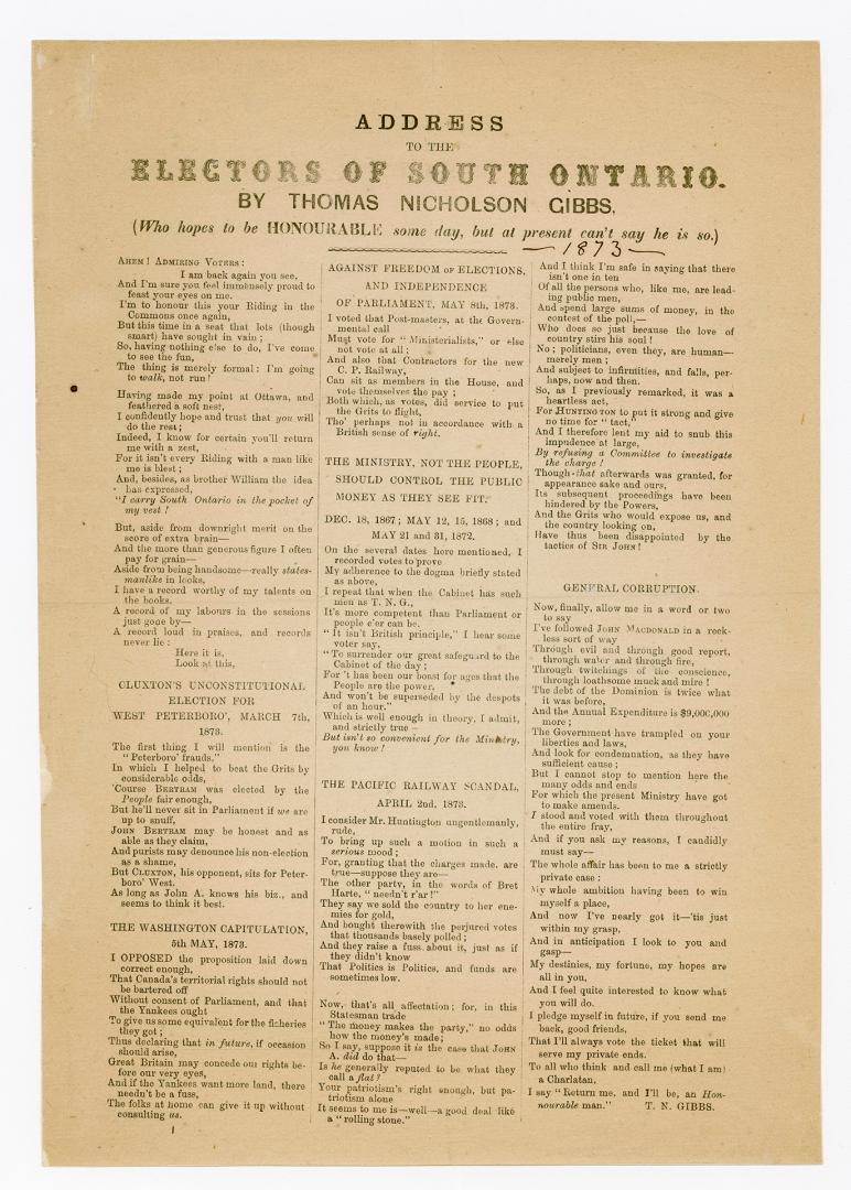 Address to the electors of South Ontario by Thomas Nicholson Gibbs (who hopes to be honourable some day, but at present can't say he is so)