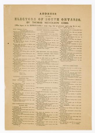 Address to the electors of South Ontario by Thomas Nicholson Gibbs (who hopes to be honourable some day, but at present can't say he is so)