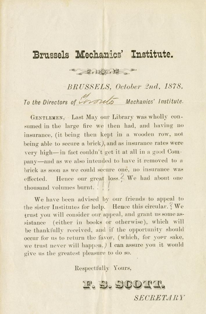 [Circular] ... To the directors of [Toronto] Mechanics' Institute ... last May our library was wholly consumed in the large fire we then had ...