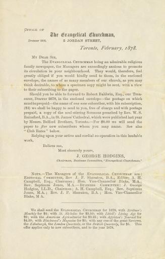 [Letter] ... The Evangelical Churchman being an admirable religious family newspapaer, the managers are exceedingly anxious to promote its circulation in your neighbourhood