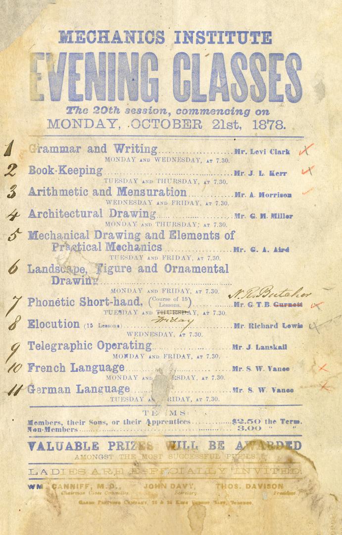 Mechanics Institute evening classes : the 20th session, commencing on Monday, October 21st, 1878