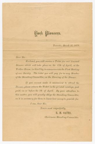 [Letter] : enclosed you will receive a ticket for our annual dinner, which will take place on the 17th of April, at the Walker House in this city to commemorate the first meeting of our society