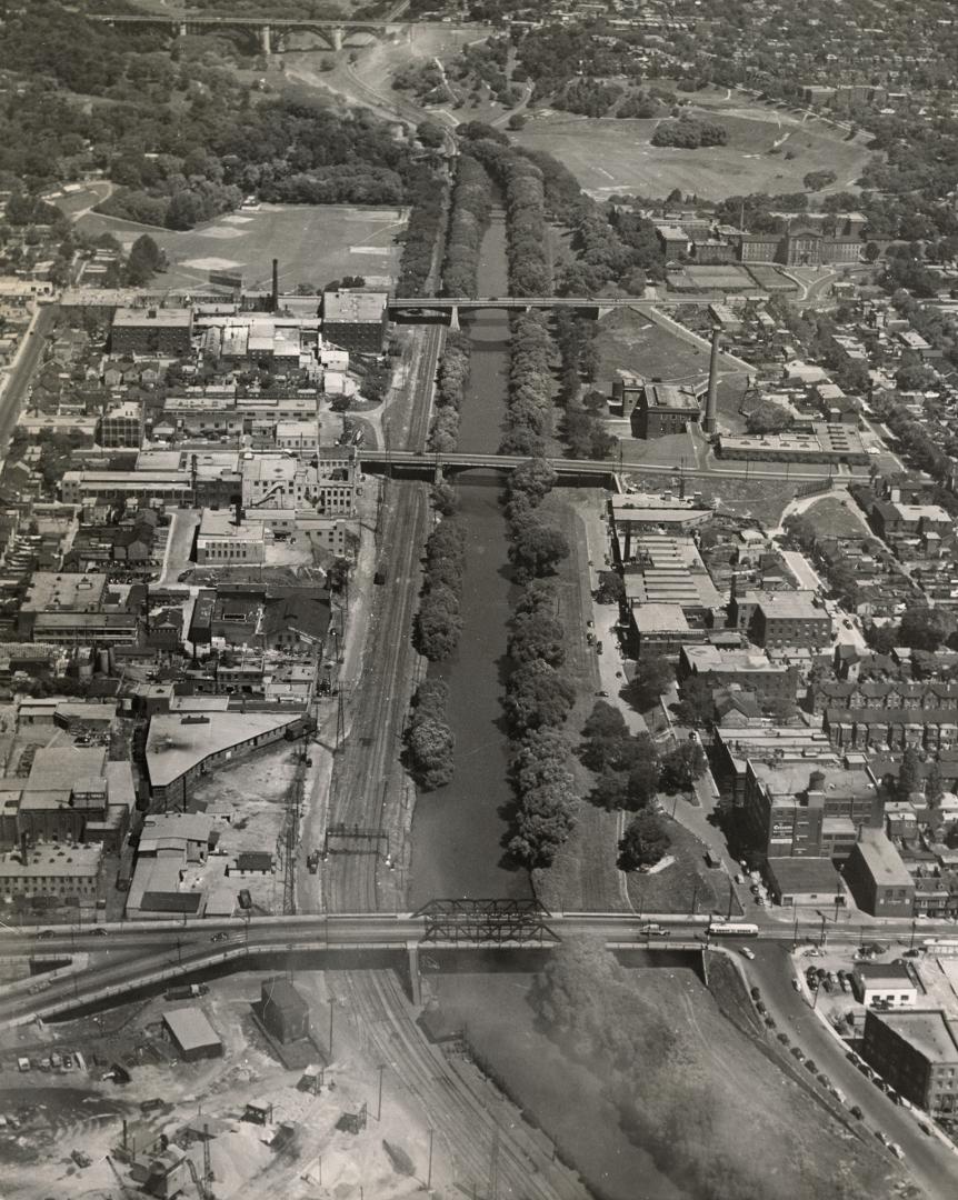 Aerial view of the Don River from Bloor Street to Queen Street