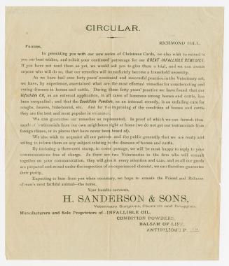 Circular ... in presenting you with our new series of Christmas cards, we also wish to extend to you our best wishes, and solicit your continued patronage for our great infallible remedies