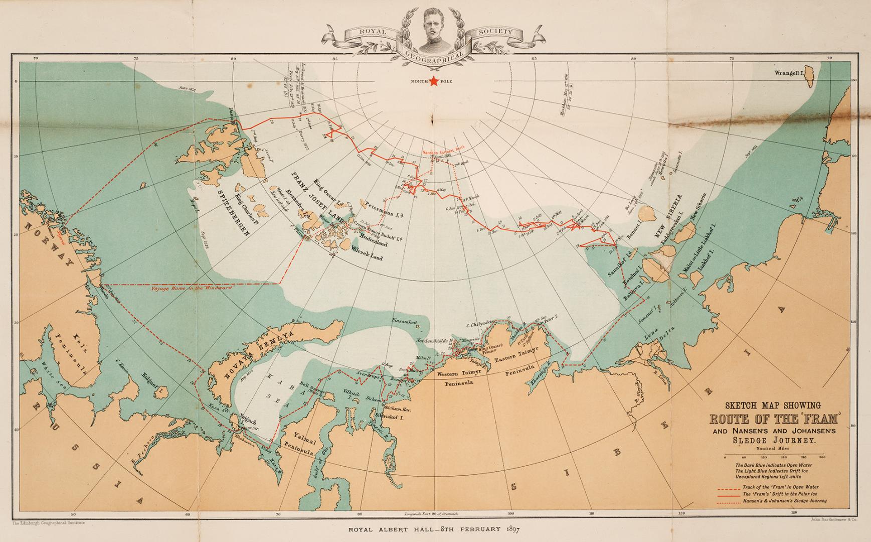 Sketch map showing route of the 'Fram' and Nansen's and Johansen's sledge journey