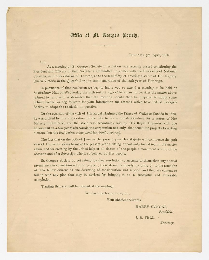 [Letter] : at a meeting of St. George's Society a resolution was recently passed constituting the president and officers of that society a committee t(...)