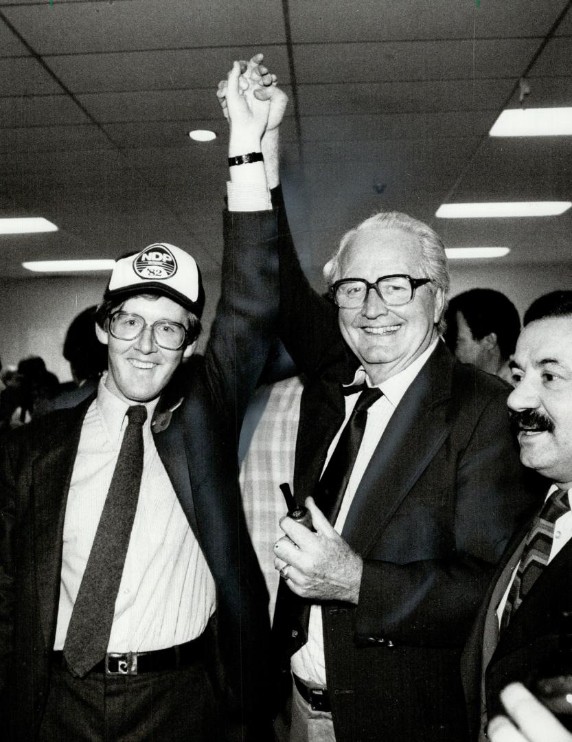 Hip, hip, hoo-Rae: Ontario New Democratic Party Leader Bob Rae is all smiles as former MPP Donald MacDonald, congratulates him on his win last night in the York South provincial by-election